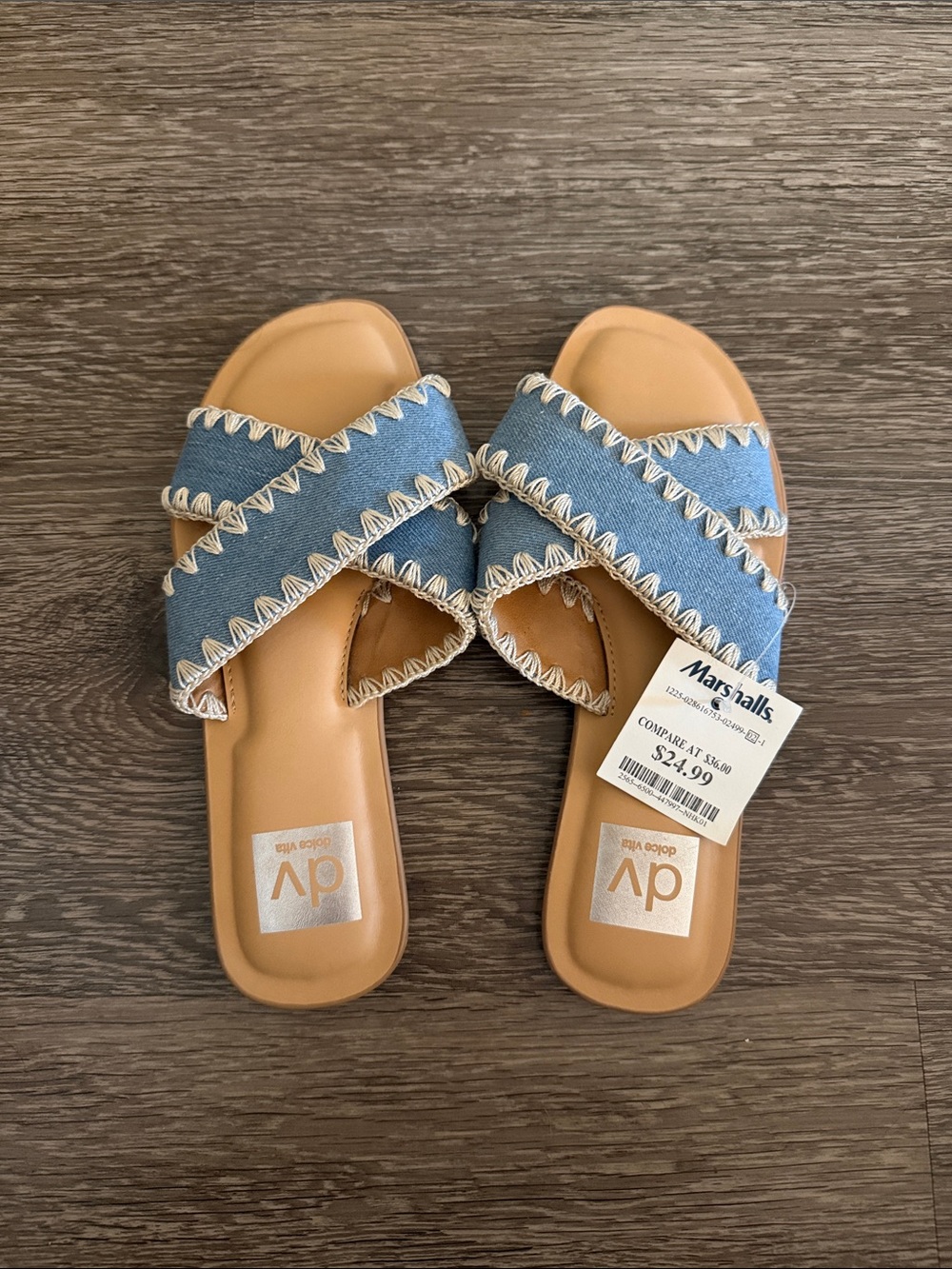 DV by Dolce Vita Denim Crisscross Slide Sandals in Blue and Tan